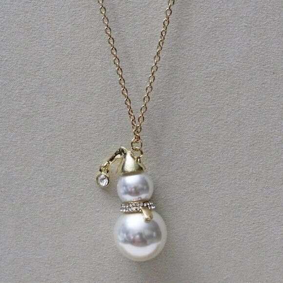 New Gold Tone, Faux Pearl and Rhinestone Snowman Necklace N2 - Picture 2 of 2
